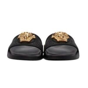 Versace Black Slides with Gold Medusa Accents